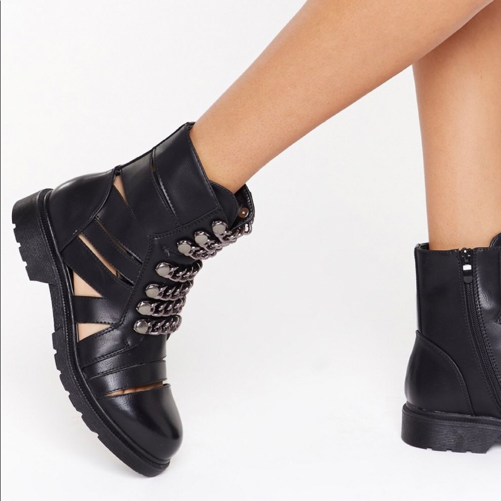Nasty Gal Cut Out Biker Boots With Chains Size 36